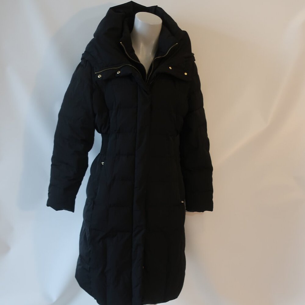 Womens Cole Haan Black Down Cluster With Feather Fill Hooded Midi Puffer Coat L